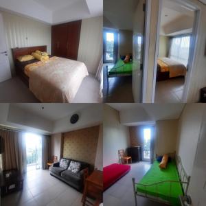 two pictures of a bedroom with a bed and a room with a couch at Apartment Altiz 2 br Bintaro Plaza Residence in Pondoklang