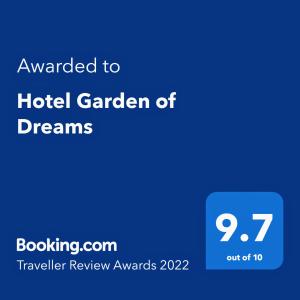 Vottorð, verðlaun, skilti eða annað skjal til sýnis á Hotel Garden of Dreams