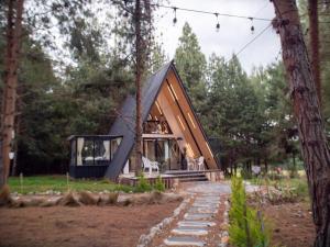 uma pequena casa na floresta com uma árvore em El Prado Glamping em Susudel  