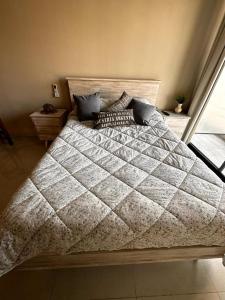 Un dormitorio con una cama grande con almohadas. en Aires del Sur en San Miguel de Tucumán
