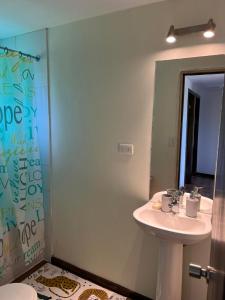 a bathroom with a sink and a mirror at Cabañas Vista Volcanes I in Puerto Varas