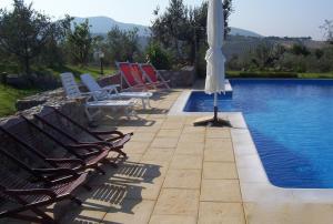 un patio con sillas y una sombrilla junto a la piscina en Villa Belvedere, en San Vincenzo