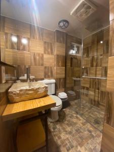 a bathroom with a toilet and a sink and a shower at Cuarto Casa Alebrije in Valle de Bravo