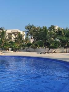 - une piscine à côté d'une plage bordée de palmiers dans l'établissement Star Hawana Salalah Forest Island, à Salalah