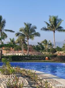 une piscine avec des palmiers en arrière-plan dans l'établissement Star Hawana Salalah Forest Island, à Salalah
