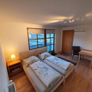 Apartments ChezTom Nenzing في نينزينغ: غرفة نوم بسريرين وطاولة ومكتب