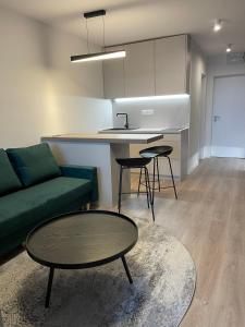 a living room with a green couch and a table at Apartmány Luxor Zemplínska Šírava in Kaluža