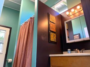 a bathroom with a sink and a mirror at Puna Pod in Pahoa