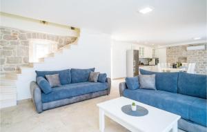 a living room with two blue couches and a table at Pet Friendly Home In Putnikovic With Kitchen in Putniković