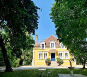 una casa amarilla con una estatua delante de ella en Maison d'hôtes Au Cœur des Lacs en Lusigny-sur-Barse