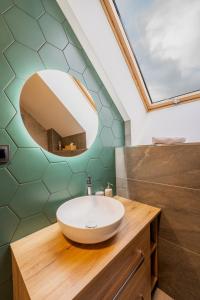 a bathroom with a sink and a mirror at Vila Jestřábí s výhledem na Lipno, klidná lokalita in Černá v Pošumaví