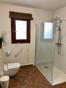 ein Bad mit einer Glasdusche und einem WC in der Unterkunft Casa Olivia in Moraira