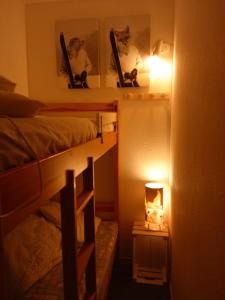 ラ・フーにあるRésidences de Mélisa La Foux d'Allosの小さな客室で、二段ベッド2台、照明が備わります。