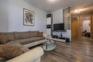 un soggiorno con divano e TV di Apartman Vlatka - Novi Vinodolski a Novi Vinodolski
