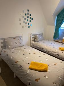 - 2 lits jumeaux dans une chambre avec fenêtre dans l'établissement Grade Two Listed Cosy Cottage, 