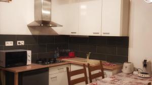 a kitchen with white cabinets and a counter with a microwave at Le Chalet de Poche - Gite 2 étoiles - 5 pers in Habère-Poche +7 photos