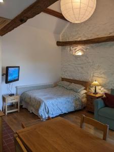 um quarto com uma cama, uma televisão e uma mesa em Y Swdio, Ferm Glandwr em Barmouth