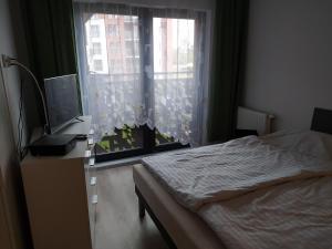 a bedroom with a bed and a window at AJA Dwie Motławy in Gdańsk