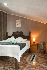a bedroom with a large bed and a night stand at Cacao Lodge and Tours in Fortuna