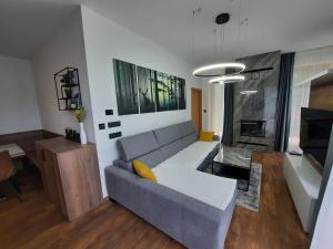 sala de estar con sofá gris y chimenea en Hotel Ovruč - rodinný apartmán 111, en Vysoké Tatry