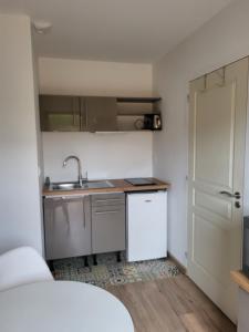 een kleine keuken met een wastafel en een koelkast bij Le clos de la baie in Cancale
