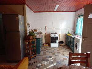 a kitchen with green cabinets and a white refrigerator at Descanso Los Alamos in Plottier