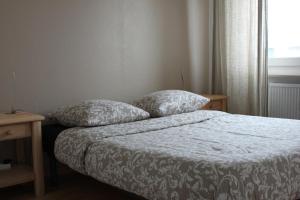 een bed met twee kussens in een slaapkamer bij Cosy F2 EuroAirport Basel-Mulhouse in Saint-Louis