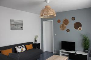 een woonkamer met een zwarte bank en een flatscreen-tv bij Cosy F2 EuroAirport Basel-Mulhouse in Saint-Louis