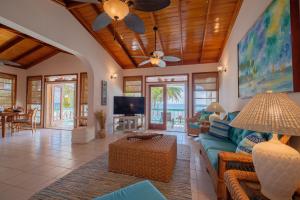 a living room with a blue couch and a tv at Coral Bay Villas in San Pedro