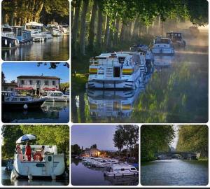 eine Collage mit Fotos von Booten auf einem Fluss in der Unterkunft Maison climatisée avec stationnement et wifi in Bram