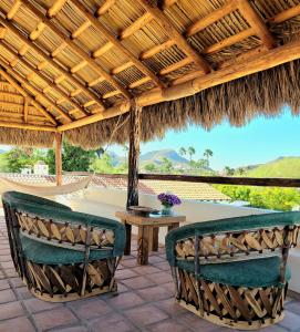 a patio with two chairs and a table with a thatched roof at Casa Magdalena in San Carlos
