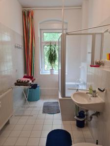 a white bathroom with a sink and a shower at FeWo-Regenbogen-Dresden in Dresden