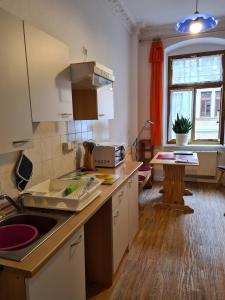 uma cozinha com um lavatório e uma bancada em FeWo-Regenbogen-Dresden em Dresden