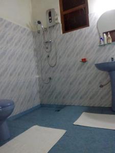 y baño con ducha, lavabo y aseo. en Sinharaja Holiday Bungalow, en Tinniyawala