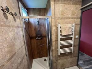 a shower with a glass door in a bathroom at Appartement très agréable proche tous commerces in Meschers-sur-Gironde +1 photo