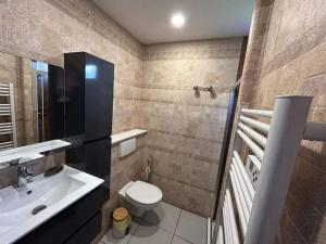 uma casa de banho com um WC branco e um lavatório. em Appartement très agréable proche tous commerces em Meschers-sur-Gironde
