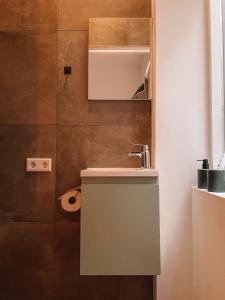 y baño con lavabo y ducha. en Coolest Apartment in Haarlem City - close to Beach and Amsterdam, en Haarlem