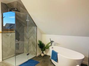 uma casa de banho com uma cabina de duche em vidro e um WC. em Scenic Chalet Malowniczy Domek em Szlembark