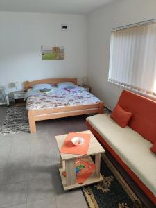 1 dormitorio con 2 camas y sofá en Apartman Ankica, en Golubac