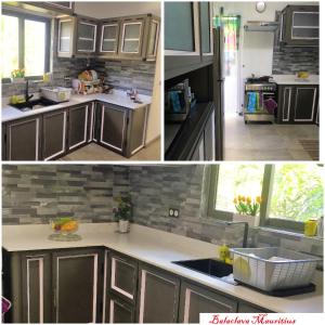 two pictures of a kitchen with brown cabinets and a sink at Serenity Villa in Balaclava