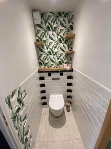 a bathroom with a white toilet in a room at Appartement centre-ville de Valognes in Valognes