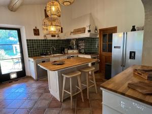 Robion en LuberonにあるHestiaのキッチン(木製カウンター、冷蔵庫付)