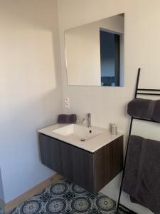 ein Bad mit einem Waschbecken und einem Spiegel in der Unterkunft Vélo 94 bij Soof in Geel