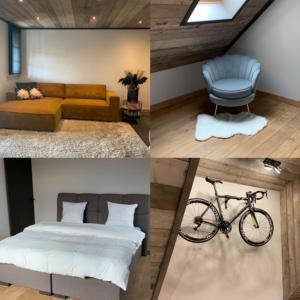 un collage de imágenes de un dormitorio con cama y bicicleta en Vélo 94 bij Soof, en Geel