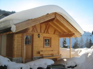 una cabaña de madera con nieve encima en Siegi's Ferienhütte en Fendels