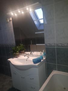 uma casa de banho com um lavatório, um espelho e uma banheira em Barátságos ház emelete em Debrecen