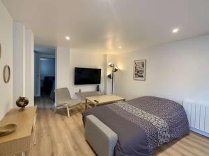 1 dormitorio con 1 cama, escritorio y TV en Appartement moderne avec parking gratuit, en Dinsheim