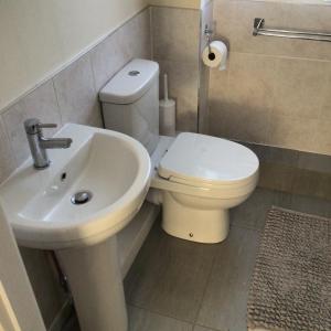 a bathroom with a white toilet and a sink at Bobs plac in Whitehaven +9 photos