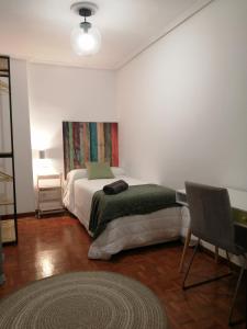 a bedroom with a bed and a desk and a chair at Piso luminoso, amplio y tranquilo en Casco Viejo in Bilbao