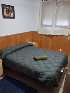 a bed with a green comforter in a bedroom at Alquiler en importante zona de escalada !! in Camarasa